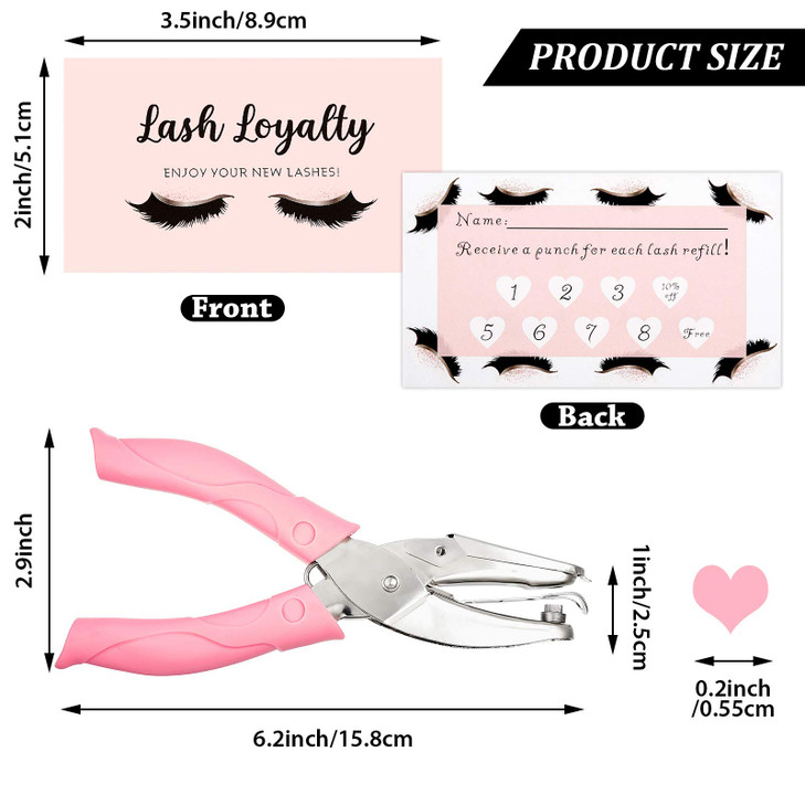 150 Pieces Heart Shaped Lash Extension Refill Filler Loyalty Punch Cards with Metal Single Handheld Hole Paper Punch Puncher for Eyelash Extensions B