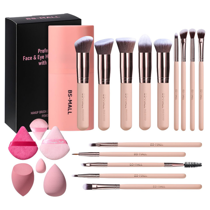 BS-MALL Makeup Brushes Premium Synthetic Foundation Powder Concealers Eye Shadows Makeup 14 Pcs Brush Set, Pink Set, with Case