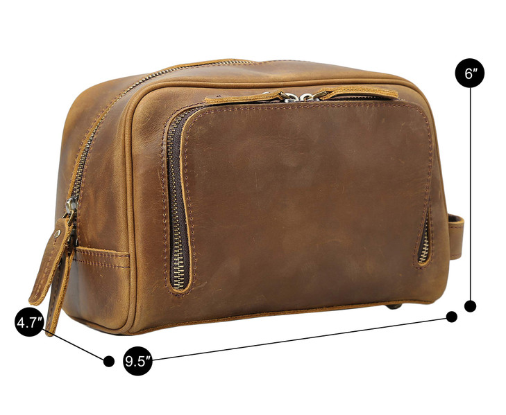 Polare Vintage Full Grain Leather Handmade Travel Toiletry Bag for Men - Dopp Kit - Shaving Kit with YKK Metal Zippers A-Brown
