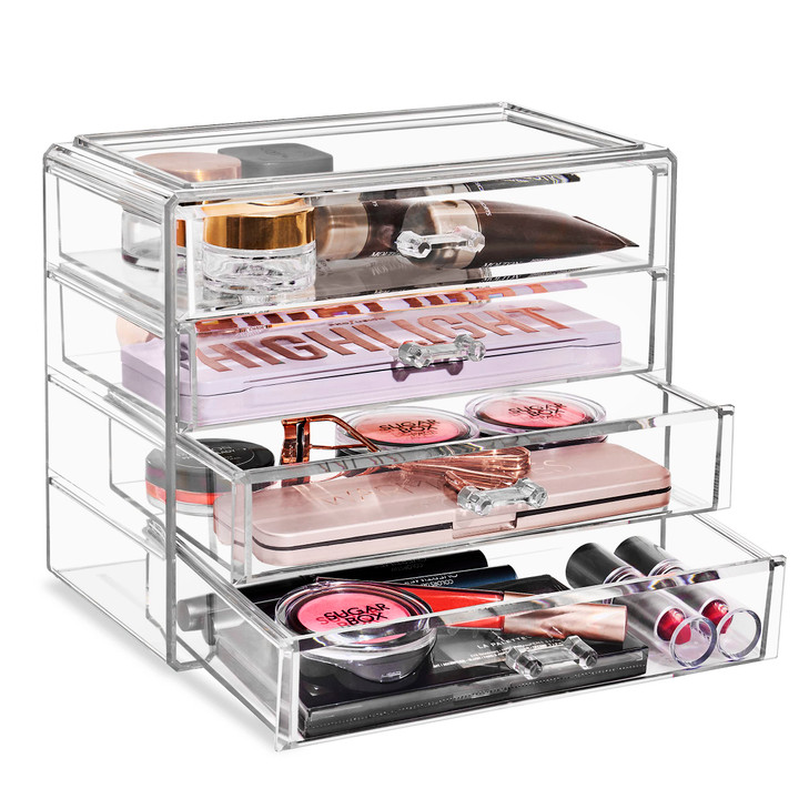 Sorbus Acrylic Makeup Organizer Set, 4-Drawer Vanity & Countertop Cosmetic Storage with Wide Drawers, Clear Makeup Storage for Brushes, Lipsticks, Je