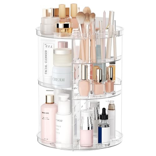 Rotating Makeup Organizer, DIY 8 Adjustable Layers Spinning Skincare Organizer, Cosmetic Display Case with Brush Holder Perfume Tray, Multi-Function