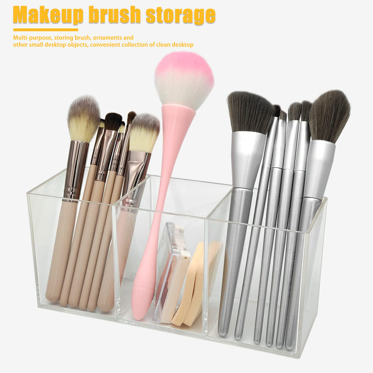 Cerpourt Clear Makeup Brush Organizer,Acrylic Cosmetic Brushes Storage Holder with 3 Slots,Pencil Pen Holder for Desk,Desk Organizer and Accessories