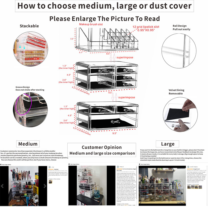 Cq acrylic 3 Pack Clear Makeup Organizer Countertop,Stackable 8 Drawers Skincare Organizer,Cute Skin Care Organizer for Vanity Hair Clip,Jewelry,Beau