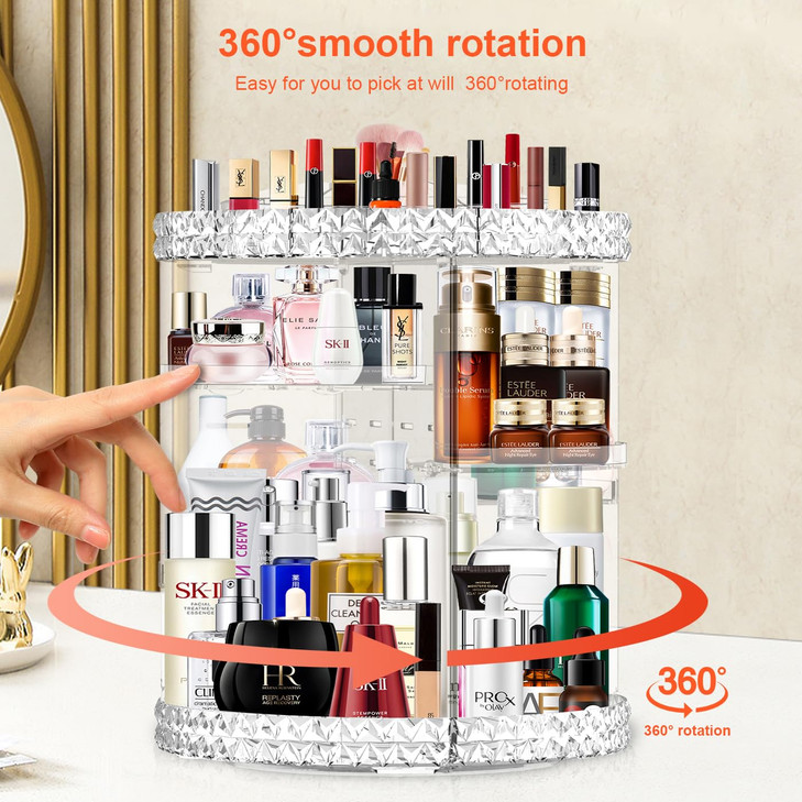 360 Rotating Makeup Organizer for Vanity + Makeup Brush Holder,Perfume Organizer with 6 DIY Adjustable Layer,Large Capacity Skincare Organizers,Lazy