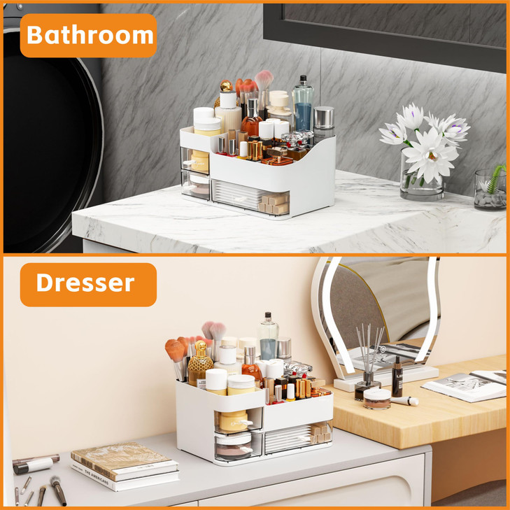 White Makeup Organizer With Drawers,Large Skincare Organizers for Countertop,Desk,Dresser,Plastic Bathroom Counter Organizer for Brush,Palettes,Perfu