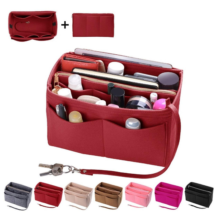 ZTUJO Purse Organizer Insert, Felt Bag Organizer with Metal Zipper, Handbag & Tote Shaper, For Speedy Neverfull Tote, 7 Sizes(Medium, Red)