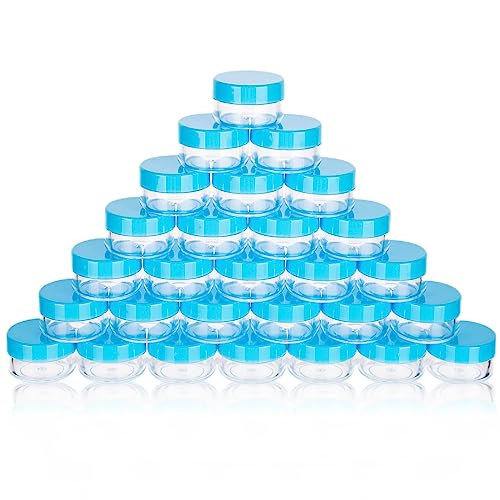 ZEJIA 5 Gram Sample Containers with Lids, Mini Makeup Containers, Empty Plastic Travel Cosmetic Containers with Labels(100 Count, Blue Lid)