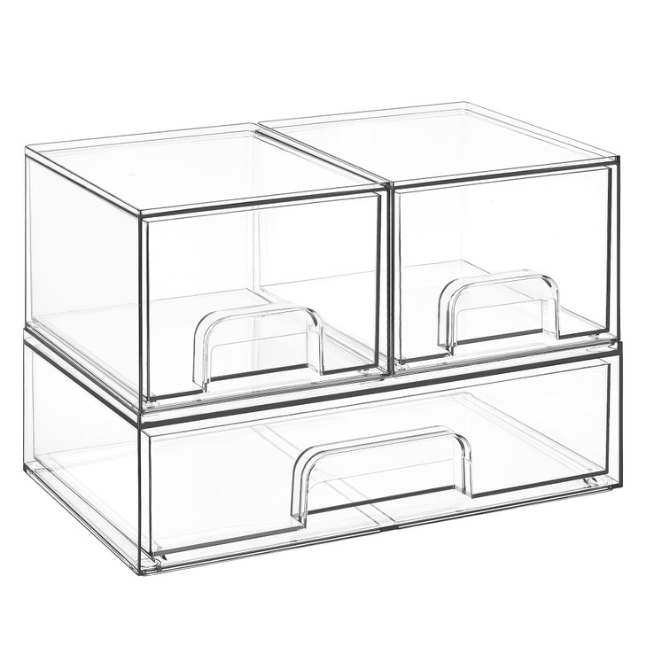 Vtopmart Stackable Storage Drawers Set of 3,Clear Plastic Organizer Bins for Makeup, Cosmetics, Beauty Supplies,Ideal for Vanity, Bathroom,Cabinet,Pa
