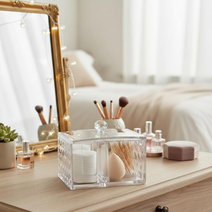 OYATON Cotton Swab Holder - Compact Bathroom Canister with Lid and 3 Compartments for Organizing Cotton Ball, Swab, Pad - Acrylic Bathroom Jar Compat