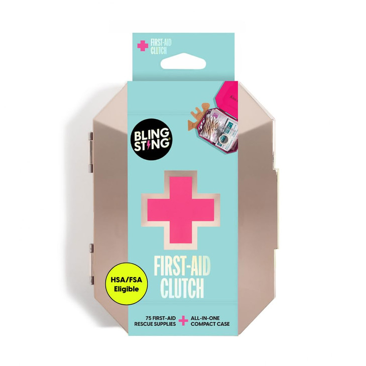 BLINGSTING First Aid Kit - 75 Essential First-aid Supplies, Bandages, Wipes, Gold Travel Case - Multipurpose Mini Emergency Kit for Women - Pink Inte