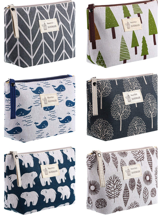 Boao 6 Pieces Canvas Cosmetic Bags Pouches for Purse with Zipper Printed Makeup Bag Multi Function Canvas Travel Pouch Organizer Pouch for Women Vaca