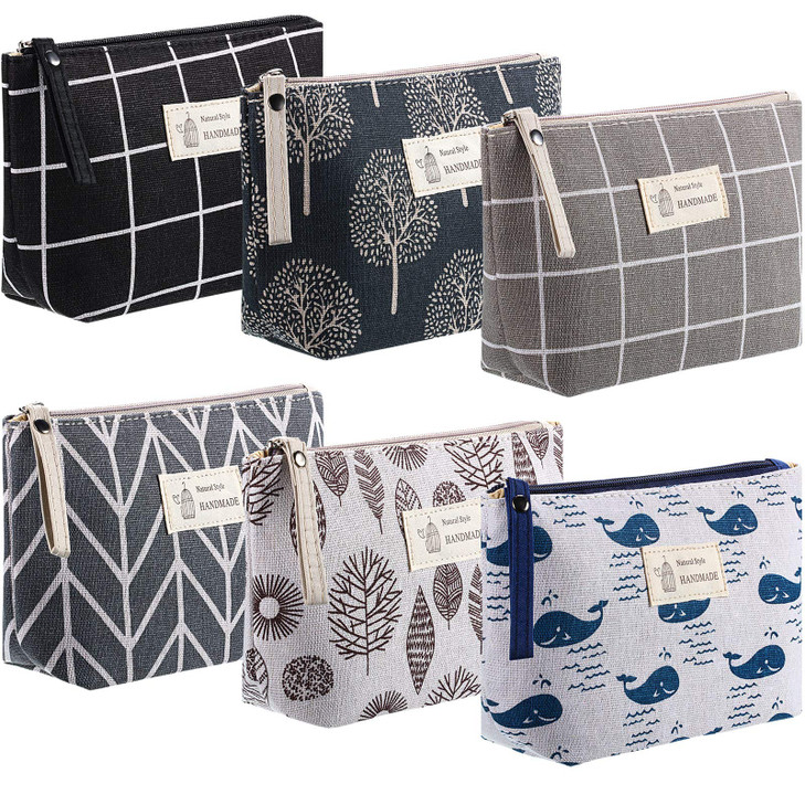 Boao 6 Pieces Canvas Cosmetic Bags Pouches for Purse with Zipper Printed Makeup Bag Multi Function Canvas Travel Pouch Organizer Pouch for Women Vaca