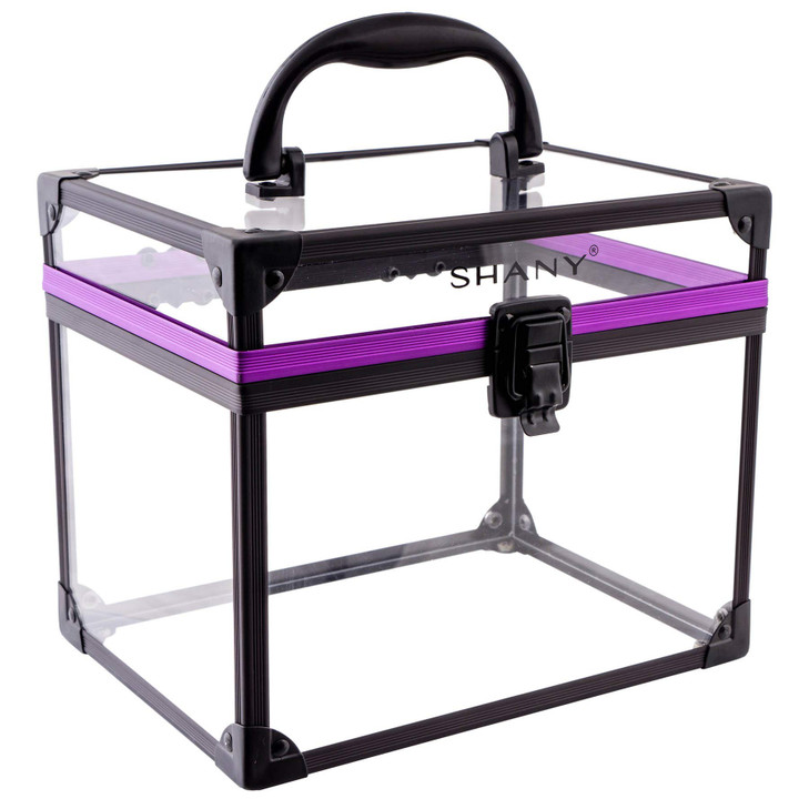 SHANY Clear Cosmetics and Toiletry Train Case - Clear Travel Makeup Bag Case Organizer with Secure Closure and Black/Purple Accents - Extra Large