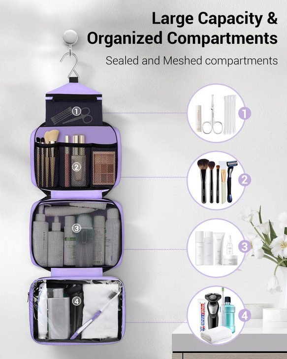 Maliton Toiletry Bag for Men & Women Travel Toiletry Bag Hanging Toiletry Bag Hygiene Organizer with 4 Compartments Waterproof Bathroom Shower Bag La
