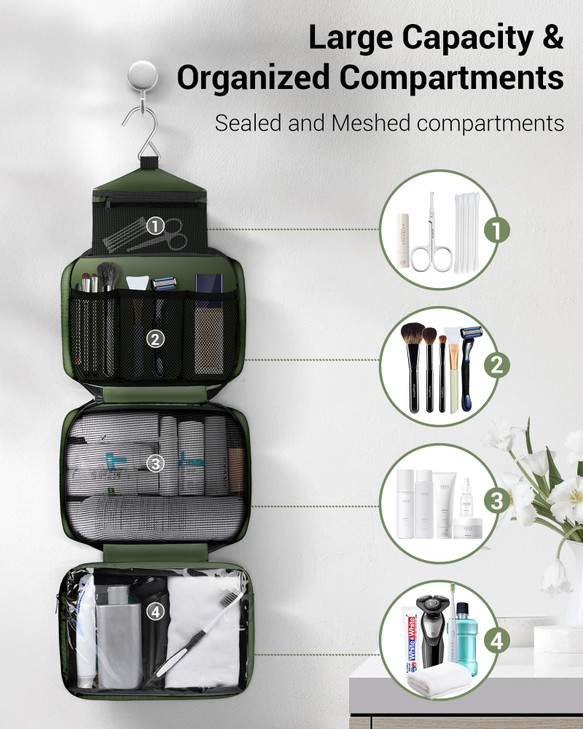 Maliton Toiletry Bag for Men & Women Large Toiletry Bags for Traveling Hanging Toiletry Bag Hygiene Bag with 4 Compartments Waterproof Bathroom Showe