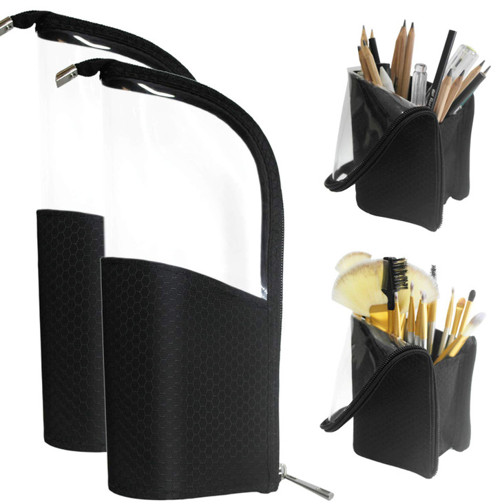 ANEMEL Black Travel Makeup Brush Holder 2-Pack, Organizer Bag Clear Plastic Cosmetic Zipper Pouch Portable Waterproof Dust-Free Stand-Up Small Toilet