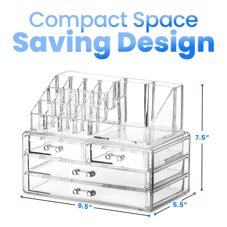Masirs Clear Makeup Organizer - 16-Compartment Cosmetic and Jewelry Holder with 4 Drawers - Vanity Storage Box for Makeup, Skincare, Accessories, and