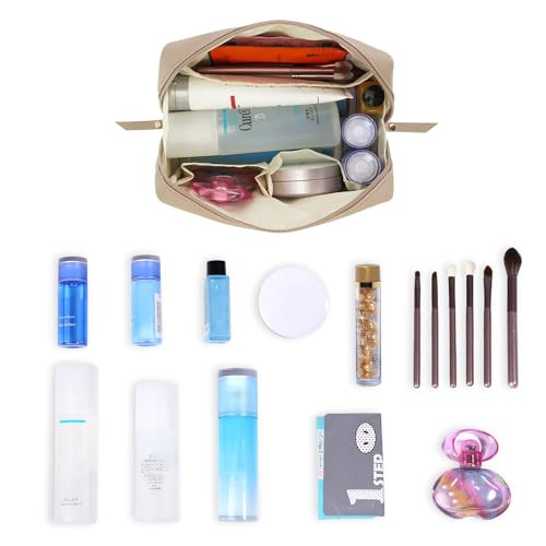 PU Leather Makeup Bag Travel Cosmetic Bag Organizer Make up Bag with Organization Pockets for Women (Large, Brown)