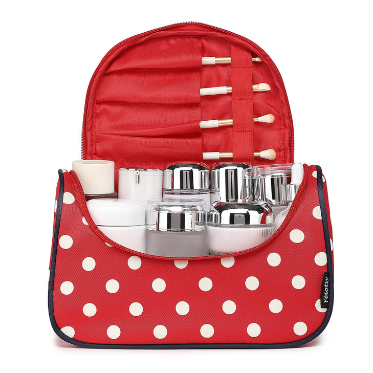Yeiotsy Travel Cosmetic Bag for Women  Polka Dot Makeup Bag Organizer & Hanging Toiletry Bag (Classic Red)