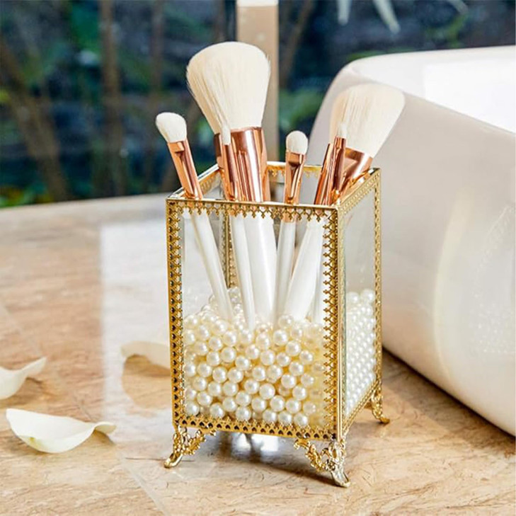 PuTwo Vintage Makeup Brush Holder Glass and Brass Organizer Handmade Cosmetic Brush Storage with White Pearls for Dresser Vanity Countertop - Gold
