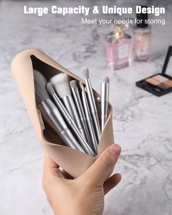 FERYES Large Travel Makeup Brush Holder, Magnetic Anti-fall Out Silicon Portable Cosmetic Face Brushes Holder, Soft and Sleek Makeup Tools Organizer