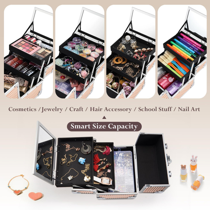 FRENESSA Makeup Case Train Case Portable Makeup Box with Mirror Lock Box Travel Cosmetic Train Cases Hard Makeup Organizer for Nail Craft Storage Van