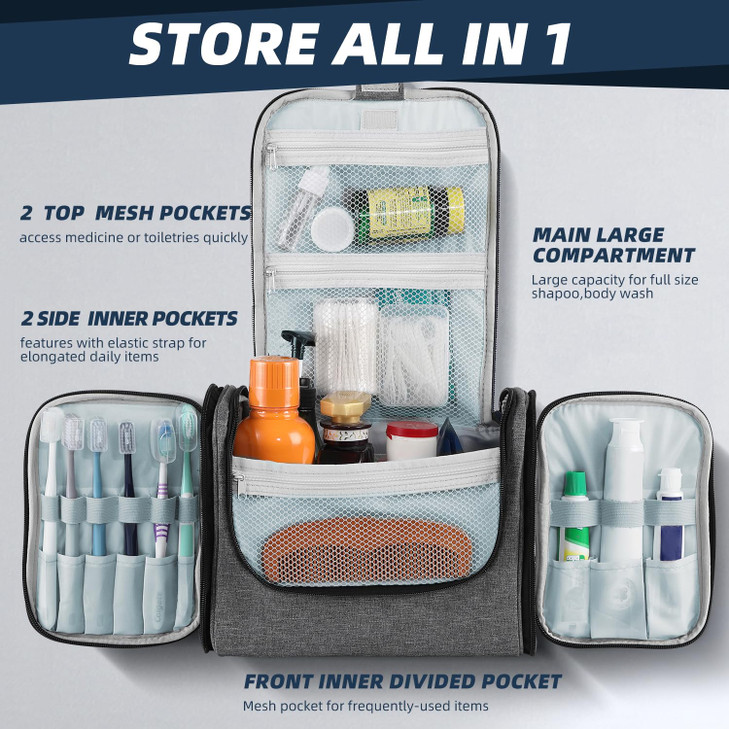 Buruis Large Toiletry Bag for Women and Men, Hanging Travel Bag for Makeup, Cosmetics, Shaving, Toiletries, Water-Resistant Dopp Kit for Gym, Camping