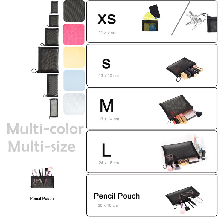patu Zipper Mesh Bags, Long Case, 5 Pieces, Beauty Makeup Cosmetic Accessories Organizer, Travel Toiletry Kit Set Storage Pouch, Black