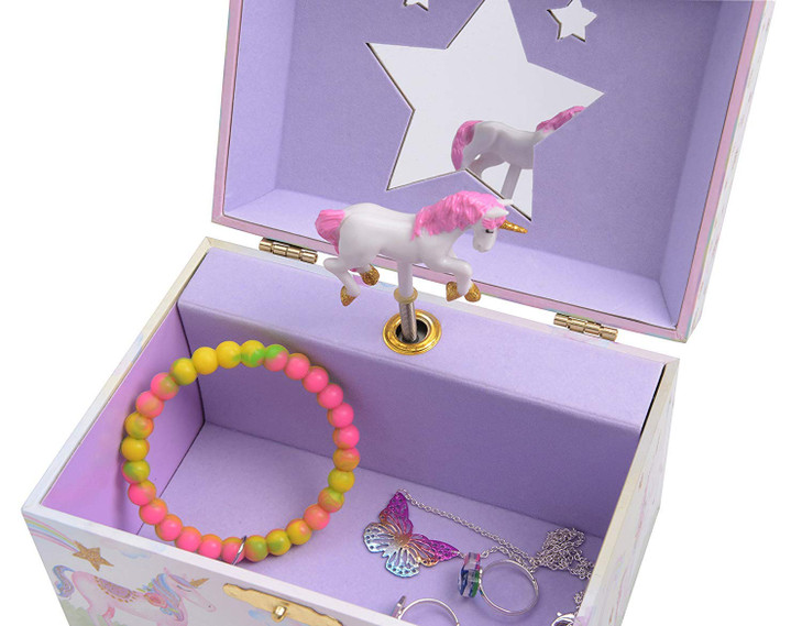 Jewelkeeper Musical Jewelry Box for Girls with Spinning Unicorn, Glitter Rainbow and Stars Design Music Box for Necklace, Earrings, and Accessories,