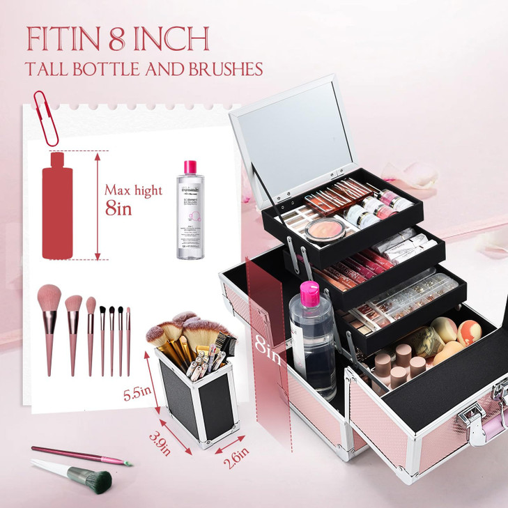 Joligrace Makeup Train Case Cosmetic Box 11.8 Inches Jewelry Organizer Professional 3 Tiers Trays with Mirror and Brush Holder Lockable Key Portable