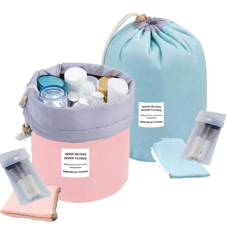 INVODA Drawstring Cosmetic Bag 2PCS Travel Makeup Bag for Women Toiletry Bag Portable Drawstring Make up Organizer Bag for Travel (Pink+Green)
