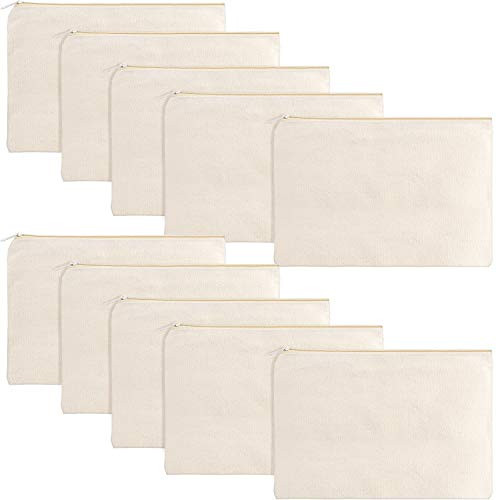 Gejoy 10 Pieces Cosmetic Canvas Pouch Bag Multipurpose Makeup Bag with Zipper Cotton Canvas Travel Toiletry Pouch DIY Craft (L, Beige)