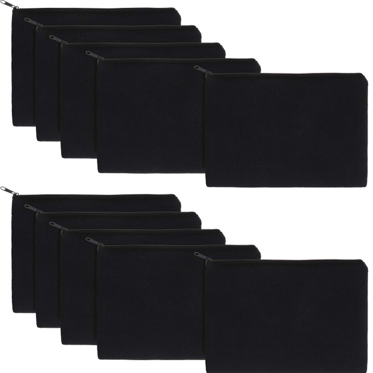Gejoy 10 Pieces Cosmetic Canvas Pouch Bag Multipurpose Makeup Bag with Zipper Cotton Canvas Travel Toiletry Pouch DIY Craft (L, Black)