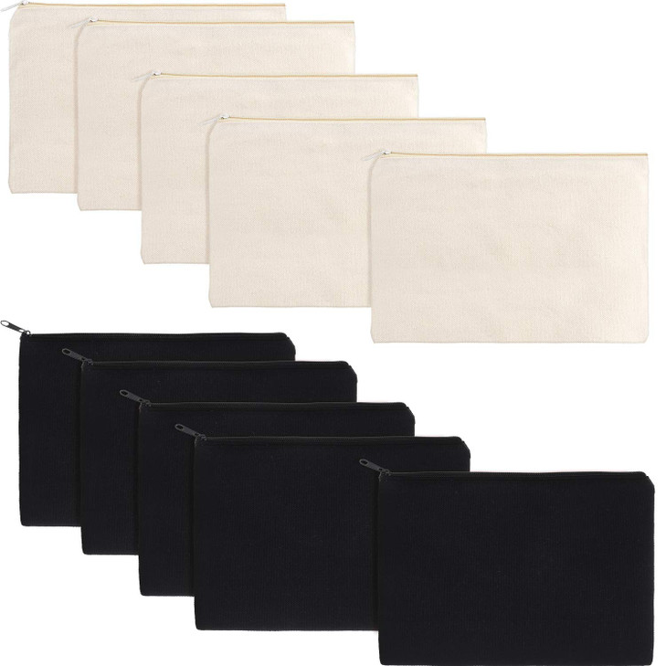 Gejoy 10 Pieces Cosmetic Canvas Pouch Bag Multipurpose Makeup Bag with Zipper Cotton Canvas Travel Toiletry Pouch DIY Craft (M, Beige and Black)