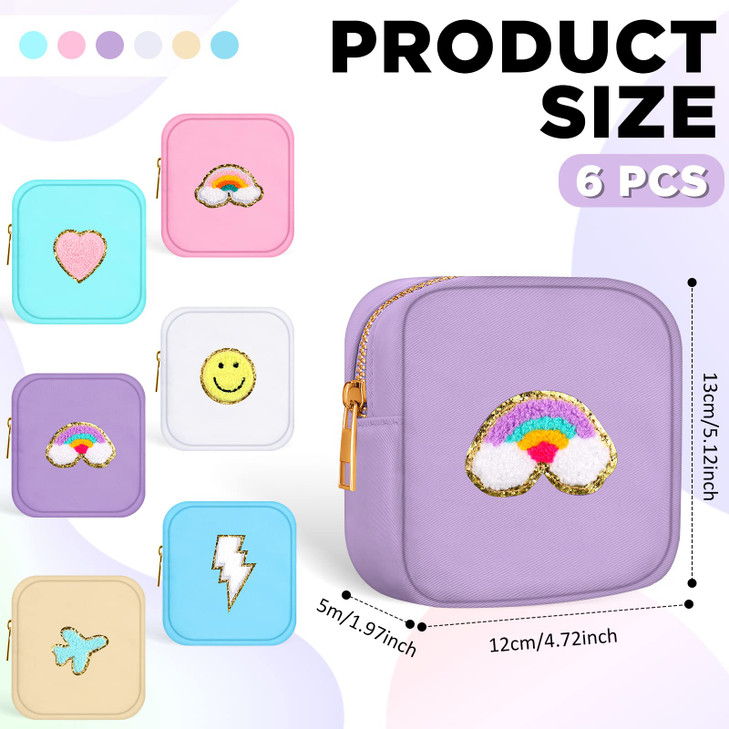 Zubebe 6 Pcs Preppy Patch Cute Makeup Bags Toiletry Bags Skincare Pouch Chenille Letter Nylon Bag for Purse Small Zipper Cosmetic Makeup Pouch Preppy