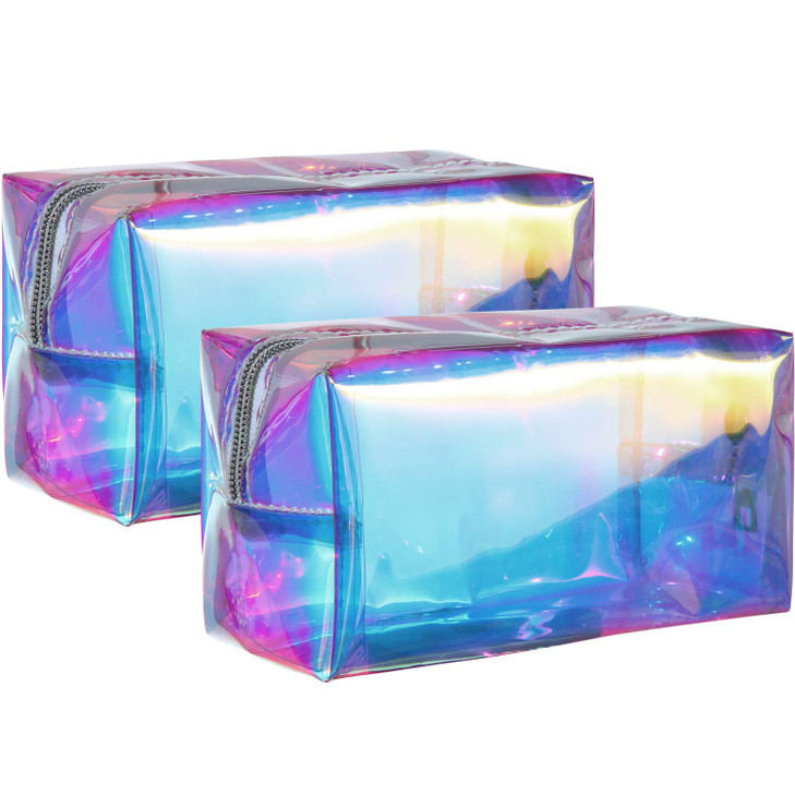 Boao 2 Pcs Clear Iridescent Holographic Makeup Bag Glitter Travel Cosmetic Pouches Toiletry Bag with Zipper Toiletry Organizer Case for Purse Diaper