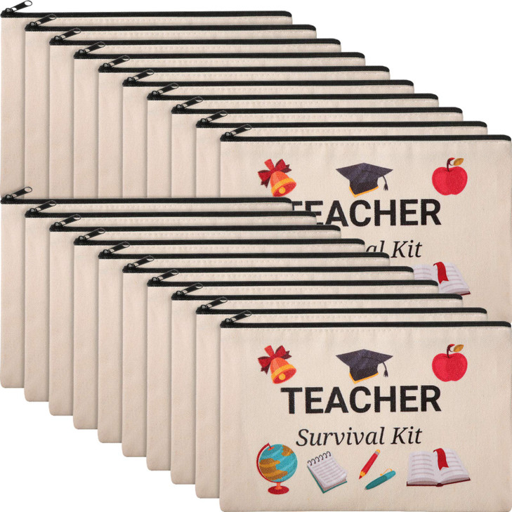 Weewooday 20 Pieces Teacher Appreciation Gifts Cosmetic Bags Teacher Canvas Makeup Bags Toiletry Case Pencil Bag with Zipper Stationery Case Bag for