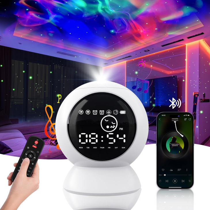 KIVOTAC LED Alarm Clock Star Projector,Starry Moon Lamp with BT Speaker, White Noise,Timer and Remote Control Rechargeable Galaxy Night Light for Kid
