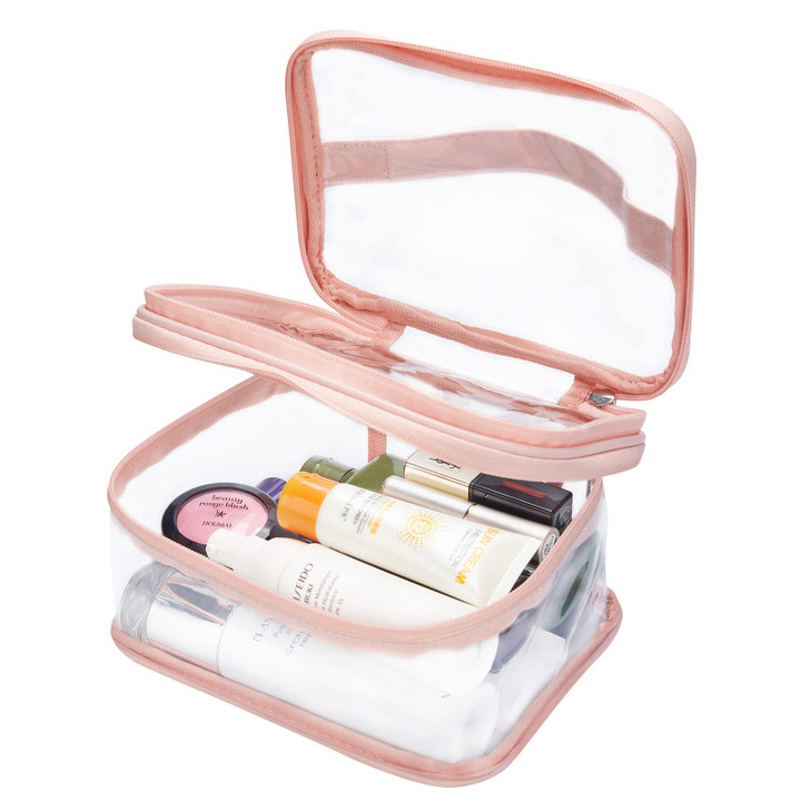 Double Layer Clear Cosmetic Bag Makeup Bag, Waterproof Travel Toiletry Bag, Transparent PVC Hair & Nail Accessories Pouch Beach Bag Organizer (Pink)