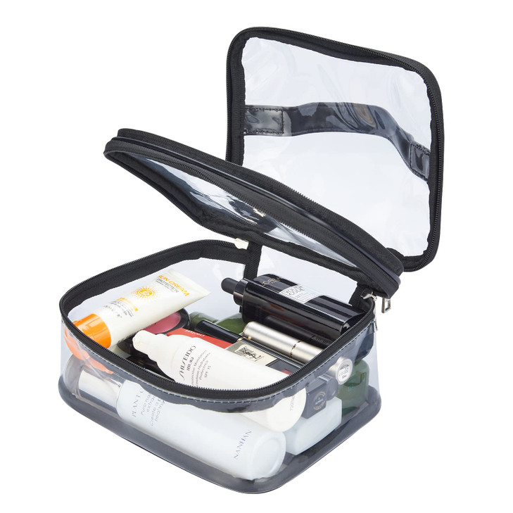 Double Layer Clear Cosmetic Bag Makeup Bag, Waterproof Travel Toiletry Bag, Transparent PVC Hair & Nail Accessories Pouch Beach Bag Organizer (Black)