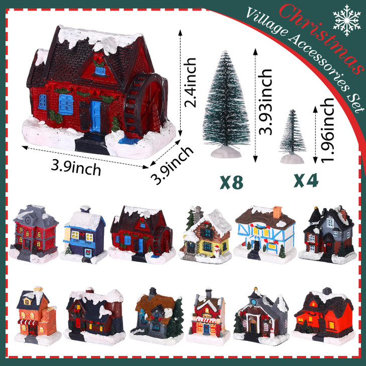 Kajaia 12 Pieces Christmas Winter Houses Village with 12 Pieces Trees Lamp LED Lights Christmas Winter Village Town Buildings Accessories for Thanksg