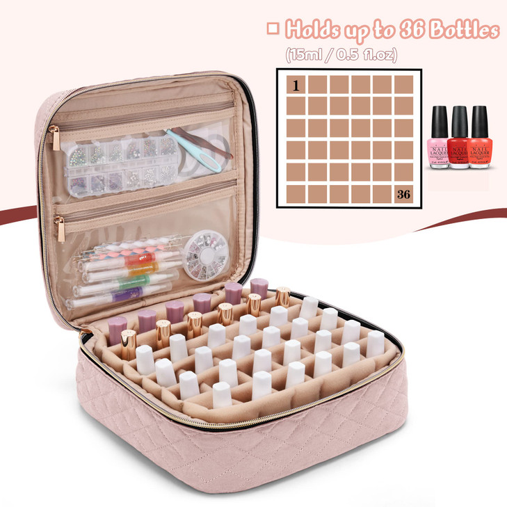 Yarwo Nail Polish Carrying Bag Holds 36 Bottles (15ml/0.5 fl.oz), Travel Storage Organizer for Nail Polish and Manicure Accessories, Dusty Rose (Bag