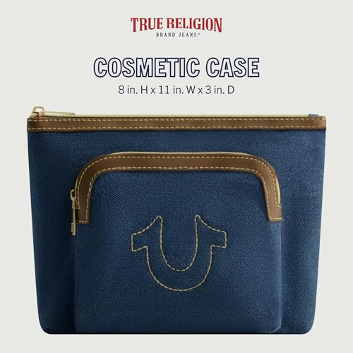 True Religion Women's Makeup Bag, Small Travel Cosmetic Zipper Pouch Organizer with Exterior Zip Pocket, Denim