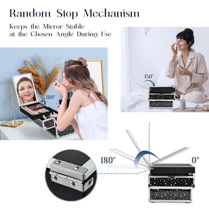 Joligrace Makeup Train Case Portable Cosmetic Box 2 Trays with Mirror Lockable for Makeup Nail Tech and Beauticians Traveling Makeup Storage Organize