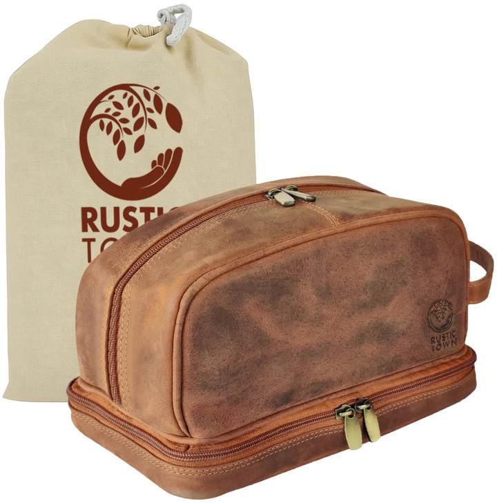Genuine Leather Travel Cosmetic Bag - Hygiene Organizer Dopp Kit By Rustic Town (Brown)
