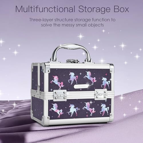 Joligrace Makeup Case for Girls Cosmetic Train Case Makeup Storage Box Jewelry Organizer Hair Accessories Lockable with Trays & Mirror Kids Gift Unic