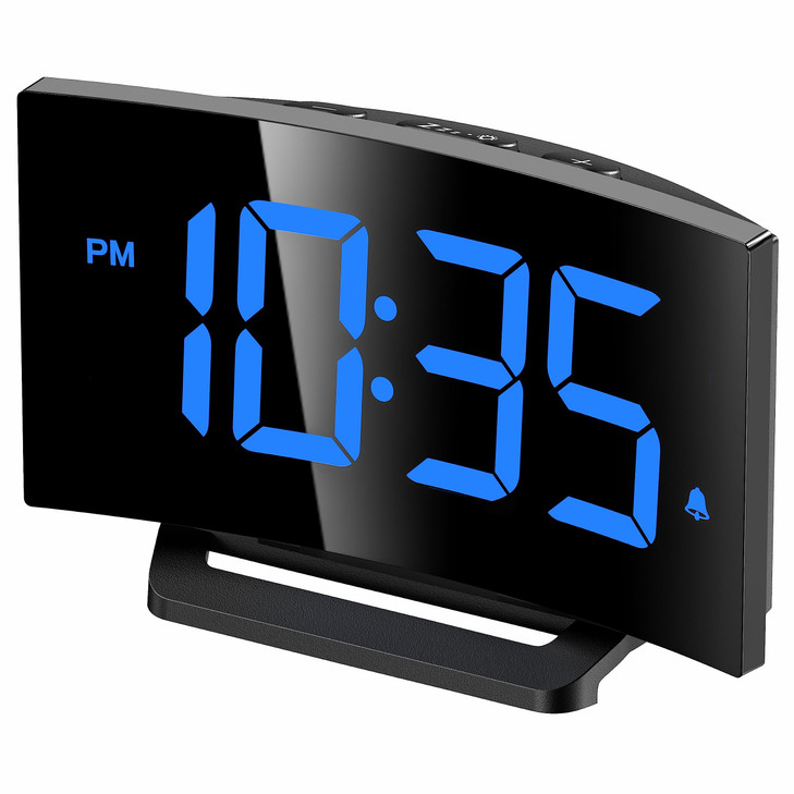 GOLOZA Digital Alarm Clock for Bedrooms, Digital Clock with Modern Curved Design, Conspicuous Blue LED Numbers, 5 Levels Brightness+Off, 2 Volume, 3