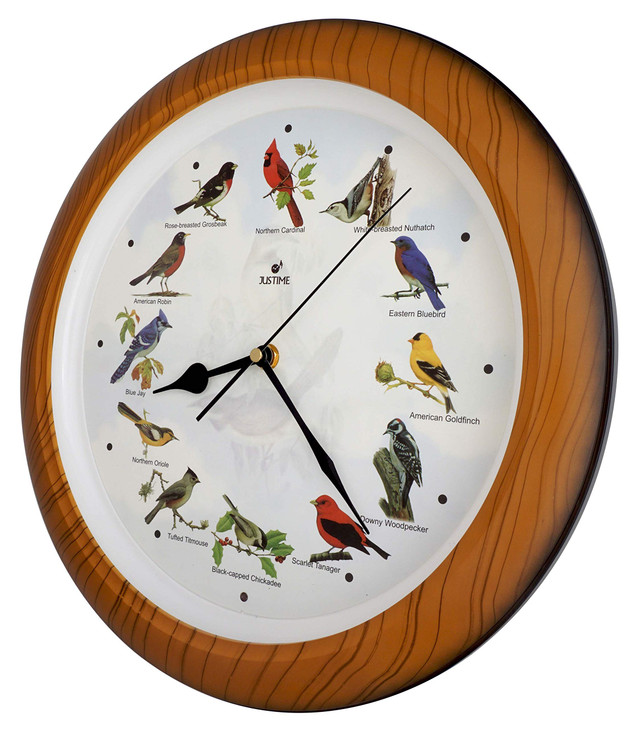 JUSTIME Lovely Collection 14-inch Plays 12 Popular North American Bird's Songs Wall Clock Mantel Clock Home Deco Multicolor(TCBD064 Wooden Grain)