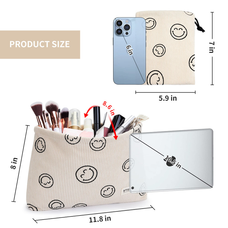 WLLWOO Makeup Bag-2pcs Smile Face Corduroy Cosmetic Bag Zipper Interior Waterproof Pencil Case Coin Purse Travel Toiletry Small Makeup Pouch For Wome
