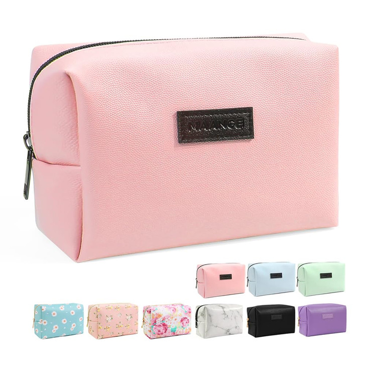 MAANGE Small Makeup Bag For Purse, Travel Cosmetic Bag Makeup Pouch PU Leather Portable Versatile Zipper Pouch For Women (Pink)